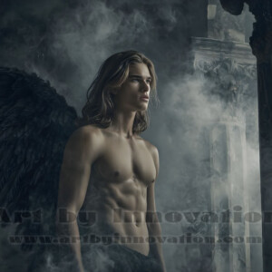 In this gallery, AI-generated dark angels handsome fallen angels with massive black and silver wings in gothic atmospheric settings. UHD digital art collection.