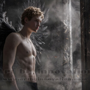 In this gallery, AI-generated dark angels handsome fallen angels with massive black and silver wings in gothic atmospheric settings. UHD digital art collection.