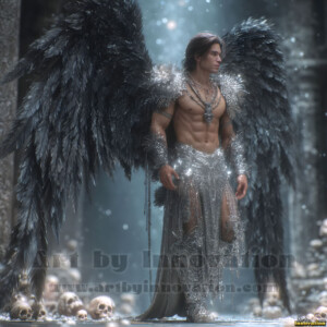 In this gallery, AI-generated dark angels handsome fallen angels with massive black and silver wings in gothic atmospheric settings. UHD digital art collection.