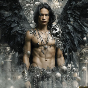In this gallery, AI-generated dark angels handsome fallen angels with massive black and silver wings in gothic atmospheric settings. UHD digital art collection.