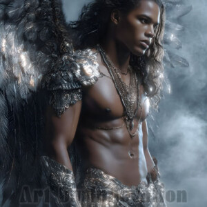 In this gallery, AI-generated dark angels handsome fallen angels with massive black and silver wings in gothic atmospheric settings. UHD digital art collection.