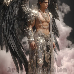 In this gallery, AI-generated dark angels handsome fallen angels with massive black and silver wings in gothic atmospheric settings. UHD digital art collection.