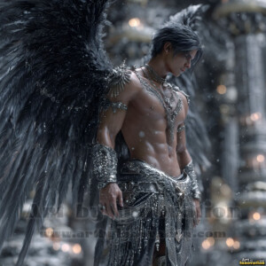 In this gallery, AI-generated dark angels handsome fallen angels with massive black and silver wings in gothic atmospheric settings. UHD digital art collection.
