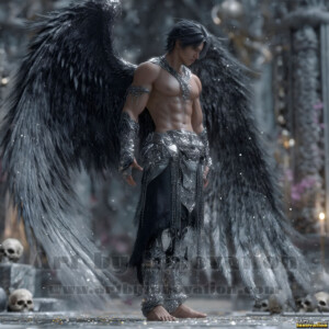 In this gallery, AI-generated dark angels handsome fallen angels with massive black and silver wings in gothic atmospheric settings. UHD digital art collection.