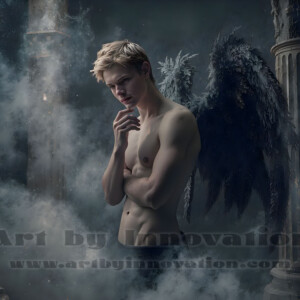 In this gallery, AI-generated dark angels handsome fallen angels with massive black and silver wings in gothic atmospheric settings. UHD digital art collection.