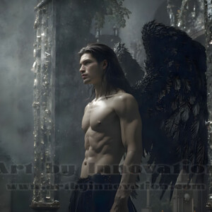 In this gallery, AI-generated dark angels handsome fallen angels with massive black and silver wings in gothic atmospheric settings. UHD digital art collection.
