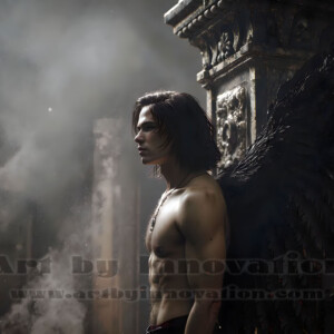 In this gallery, AI-generated dark angels handsome fallen angels with massive black and silver wings in gothic atmospheric settings. UHD digital art collection.
