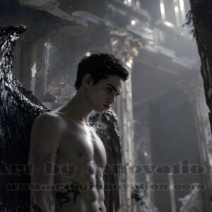 In this gallery, AI-generated dark angels handsome fallen angels with massive black and silver wings in gothic atmospheric settings. UHD digital art collection.
