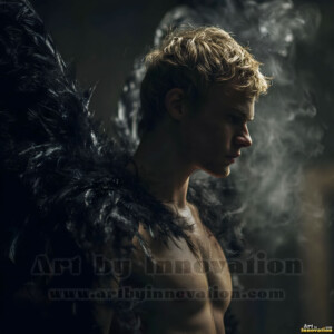 In this gallery, AI-generated dark angels handsome fallen angels with massive black and silver wings in gothic atmospheric settings. UHD digital art collection.
