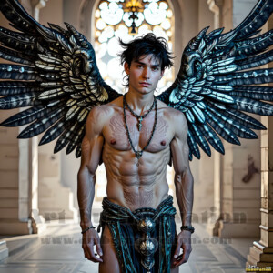 In this gallery, AI-generated dark angels handsome fallen angels with massive black and silver wings in gothic atmospheric settings. UHD digital art collection.