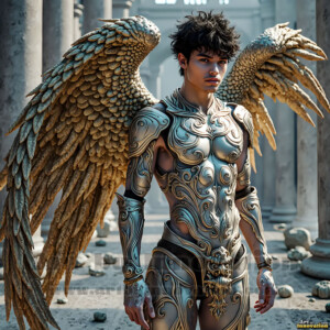In this gallery, AI-generated dark angels handsome fallen angels with massive black and silver wings in gothic atmospheric settings. UHD digital art collection.