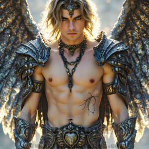 In this gallery, AI-generated dark angels handsome fallen angels with massive black and silver wings in gothic atmospheric settings. UHD digital art collection.