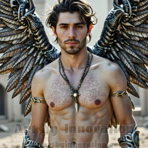 In this gallery, AI-generated dark angels handsome fallen angels with massive black and silver wings in gothic atmospheric settings. UHD digital art collection.