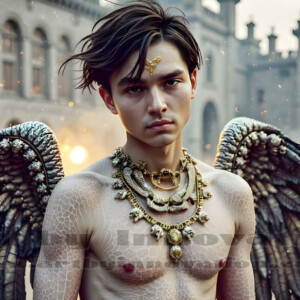 In this gallery, AI-generated dark angels handsome fallen angels with massive black and silver wings in gothic atmospheric settings. UHD digital art collection.