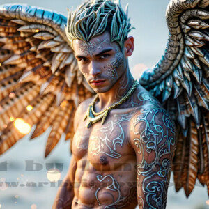 In this gallery, AI-generated dark angels handsome fallen angels with massive black and silver wings in gothic atmospheric settings. UHD digital art collection.