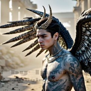 In this gallery, AI-generated dark angels handsome fallen angels with massive black and silver wings in gothic atmospheric settings. UHD digital art collection.