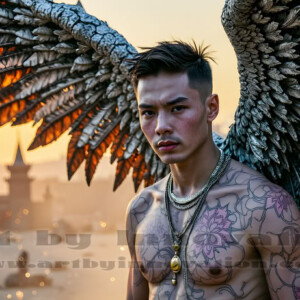 In this gallery, AI-generated dark angels handsome fallen angels with massive black and silver wings in gothic atmospheric settings. UHD digital art collection.