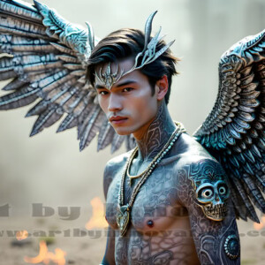 In this gallery, AI-generated dark angels handsome fallen angels with massive black and silver wings in gothic atmospheric settings. UHD digital art collection.