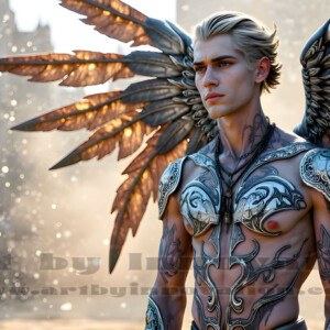 In this gallery, AI-generated dark angels handsome fallen angels with massive black and silver wings in gothic atmospheric settings. UHD digital art collection.