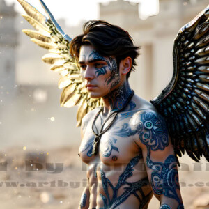 In this gallery, AI-generated dark angels handsome fallen angels with massive black and silver wings in gothic atmospheric settings. UHD digital art collection.