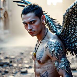 In this gallery, AI-generated dark angels handsome fallen angels with massive black and silver wings in gothic atmospheric settings. UHD digital art collection.