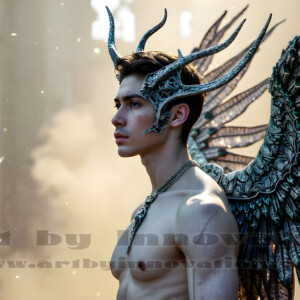 In this gallery, AI-generated dark angels handsome fallen angels with massive black and silver wings in gothic atmospheric settings. UHD digital art collection.