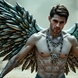 In this gallery, AI-generated dark angels handsome fallen angels with massive black and silver wings in gothic atmospheric settings. UHD digital art collection.