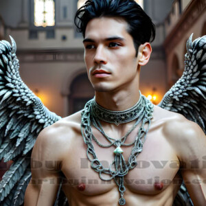 In this gallery, AI-generated dark angels handsome fallen angels with massive black and silver wings in gothic atmospheric settings. UHD digital art collection.