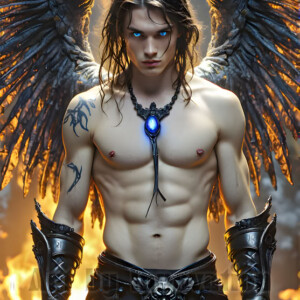 In this gallery, AI-generated dark angels handsome fallen angels with massive black and silver wings in gothic atmospheric settings. UHD digital art collection.