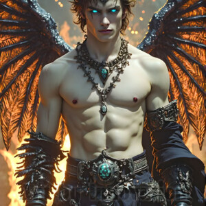 In this gallery, AI-generated dark angels handsome fallen angels with massive black and silver wings in gothic atmospheric settings. UHD digital art collection.