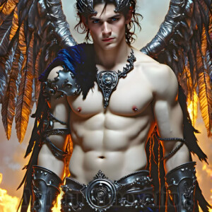 In this gallery, AI-generated dark angels handsome fallen angels with massive black and silver wings in gothic atmospheric settings. UHD digital art collection.