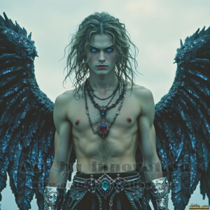 In this gallery, AI-generated dark angels handsome fallen angels with massive black and silver wings in gothic atmospheric settings. UHD digital art collection.