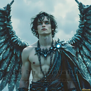 In this gallery, AI-generated dark angels handsome fallen angels with massive black and silver wings in gothic atmospheric settings. UHD digital art collection.