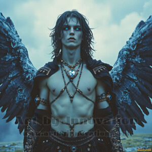In this gallery, AI-generated dark angels handsome fallen angels with massive black and silver wings in gothic atmospheric settings. UHD digital art collection.