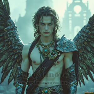 In this gallery, AI-generated dark angels handsome fallen angels with massive black and silver wings in gothic atmospheric settings. UHD digital art collection.