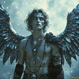 In this gallery, AI-generated dark angels handsome fallen angels with massive black and silver wings in gothic atmospheric settings. UHD digital art collection.