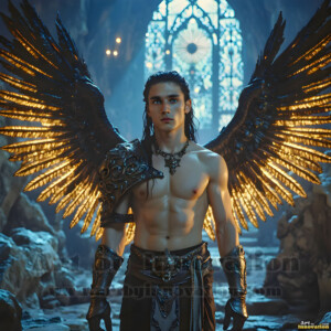 In this gallery, AI-generated dark angels handsome fallen angels with massive black and silver wings in gothic atmospheric settings. UHD digital art collection.