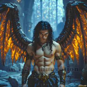 In this gallery, AI-generated dark angels handsome fallen angels with massive black and silver wings in gothic atmospheric settings. UHD digital art collection.