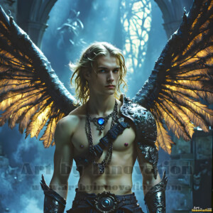 In this gallery, AI-generated dark angels handsome fallen angels with massive black and silver wings in gothic atmospheric settings. UHD digital art collection.