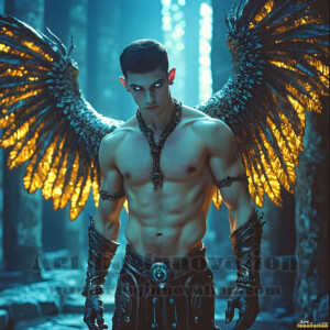 In this gallery, AI-generated dark angels handsome fallen angels with massive black and silver wings in gothic atmospheric settings. UHD digital art collection.