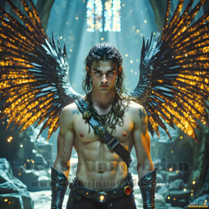In this gallery, AI-generated dark angels handsome fallen angels with massive black and silver wings in gothic atmospheric settings. UHD digital art collection.