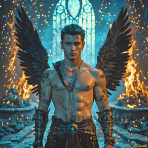 In this gallery, AI-generated dark angels handsome fallen angels with massive black and silver wings in gothic atmospheric settings. UHD digital art collection.
