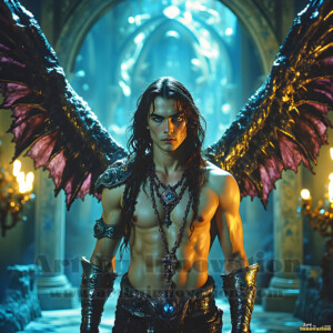 In this gallery, AI-generated dark angels handsome fallen angels with massive black and silver wings in gothic atmospheric settings. UHD digital art collection.