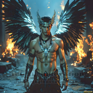 In this gallery, AI-generated dark angels handsome fallen angels with massive black and silver wings in gothic atmospheric settings. UHD digital art collection.