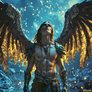 In this gallery, AI-generated dark angels handsome fallen angels with massive black and silver wings in gothic atmospheric settings. UHD digital art collection.