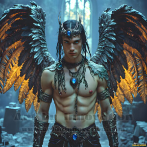 In this gallery, AI-generated dark angels handsome fallen angels with massive black and silver wings in gothic atmospheric settings. UHD digital art collection.