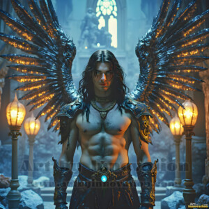 In this gallery, AI-generated dark angels handsome fallen angels with massive black and silver wings in gothic atmospheric settings. UHD digital art collection.