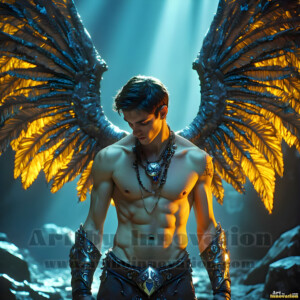 In this gallery, AI-generated dark angels handsome fallen angels with massive black and silver wings in gothic atmospheric settings. UHD digital art collection.