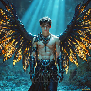 In this gallery, AI-generated dark angels handsome fallen angels with massive black and silver wings in gothic atmospheric settings. UHD digital art collection.