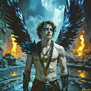 In this gallery, AI-generated dark angels handsome fallen angels with massive black and silver wings in gothic atmospheric settings. UHD digital art collection.